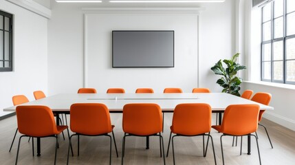 A modern conference room featuring a long table, orange chairs, a large wall-mounted screen, and bright natural light from large windows.