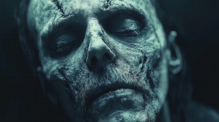 Eerie Halloween Makeup Art of a Scary Woman with Zombie Mask and Dark Skull Expression