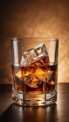Close-up of premium amber whiskey in an elegant crystal glass with ice cubes. Professional beverage photography with warm lighting highlighting the rich color and texture of the spirit. Perfect for lu
