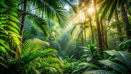 Lush Tropical Rainforest Background: Deep Focus, Vibrant Green Foliage