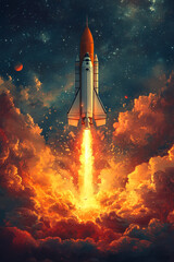 Spacecraft Ascending Through Fiery Clouds Towards Stars