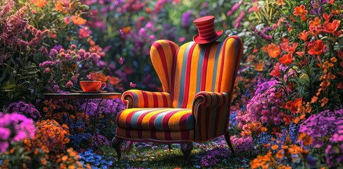 An imaginative armchair setup with a vibrant Mad Hatter costume, teacup, and saucer, surrounded by magical flowers and accessories, evoking a whimsical fashion and cosplay vibe