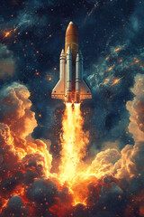 Obraz premium Rocket Launch Through Fiery Clouds Into Space