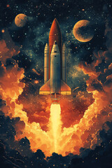 Fototapeta premium Spacecraft Ascending Through Fiery Clouds Towards Distant Planets