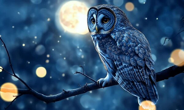 Night owl perched on branch, moonlit forest, bokeh background, wildlife poster