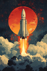 Fototapeta premium Rocket Launching Through Clouds Towards A Red Planet