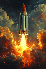Fototapeta premium Space Shuttle Ascending Through Fiery Clouds