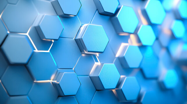 Blue hexagon pattern with glowing accents in a modern design setting showcasing geometric shapes and depth