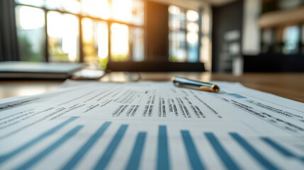 Financial documents and a pen on a desk with warm light coming through windows during late afternoon