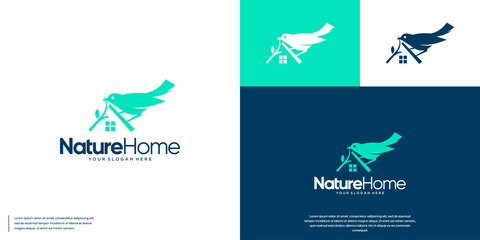 Obraz premium house logo with bird and tree branch concept, natural, construction, vector graphic design.
