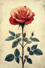 A Single Red And Peach Rose With Buds And Leaves