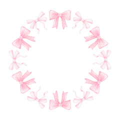 cute festive bows. Watercolor round frame on white background for textile, wrapping paper. Cute children's illustration in pastel colors