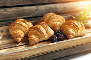 Freshly baked croissants with blackberries on a wooden tray