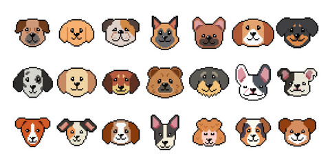 Obraz premium Pixel art different type of dog faces vector in retro style for design.