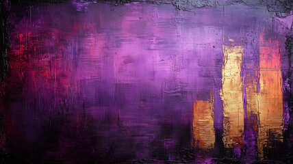 Abstract textured painting with purple, gold, and red tones