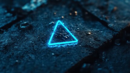 Glowing blue neon triangle on dark textured surface.