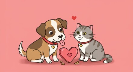 Playful Illustration of Dog and Cat Sharing Heart-Shaped Treat