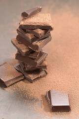 Broken dark chocolate and cocoa powder on a table