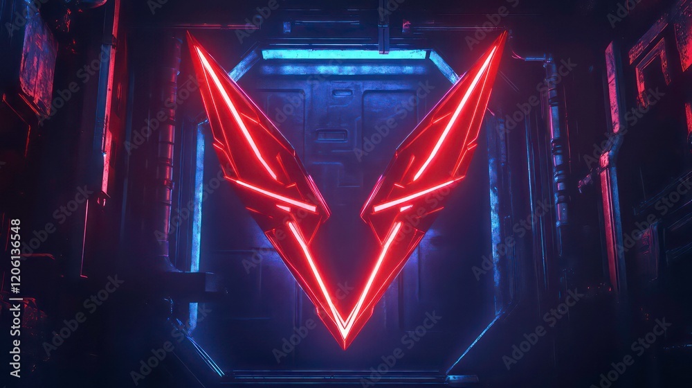 Poster glowing red v-shaped symbol in dark futuristic setting.