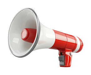 Bright red megaphone for outdoor events, gatherings, or campaigns held during the day in a lively urban setting isolated on transparent background