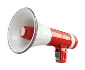 Bright red megaphone for outdoor events, gatherings, or campaigns held during the day in a lively urban setting isolated on transparent background