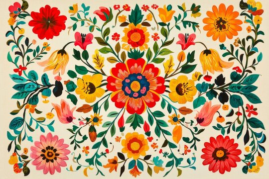 A lively contemporary set of traditional Mexican folk decorations, featuring symmetrical patterns of vivid flowers and foliage on a light background, ideal for textile printing and home decor