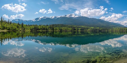 A calm, magnificent mountain vista with lush green woods, a shimmering turquoise lake, and snow-covered peaks beneath a vivid blue sky adorned with feathery white clouds