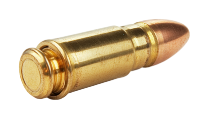 Detailed view of a metallic bullet showcasing its construction and design elements isolated on transparent background