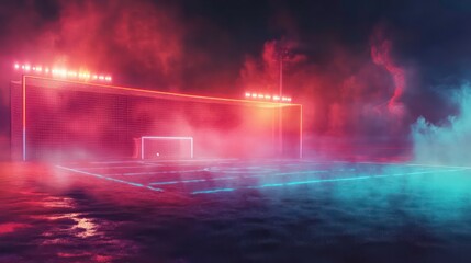 Neon-lit soccer field at night, shrouded in fog and smoke.