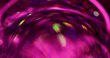 Blurred flare. Shimmering shine. Light pass through faceted arc. Flow blinking circle. Festive background chaotic flashing glittering glowing effect. Optical distortion.