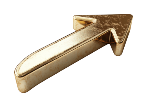 Golden arrow symbolizing growth and upward momentum in business and personal development isolated on transparent background