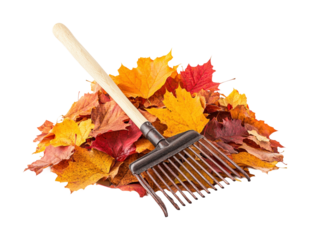 Rake resting on a vibrant pile of autumn leaves in a garden setting during the fall season isolated on transparent background
