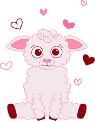 Cute sheep with hearts pink vector graphic line illustration. isolates composition on transparent background