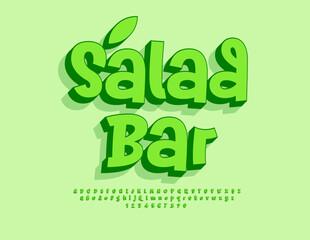 Vector Advertising sign Salad Bar. Green 3D Font, Handwritten set of Alphabet Letters and Numbers
