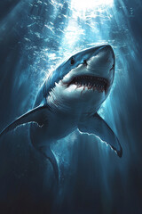 Fototapeta premium Great White Shark Ascending Through Sunlit Ocean Depths