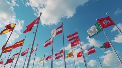 Obraz premium Vibrant banners of different nations from across the world wave delicately in the breeze, clustered together on a white surface, producing a vivid and patriotic spectacle