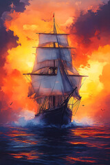 Obraz premium Majestic Tall Ship Sailing Into Fiery Sunset Skies