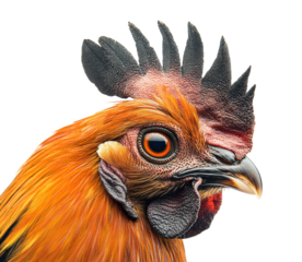 Unique close-up of a colorful rooster displaying vibrant feathers and striking features isolated on transparent background