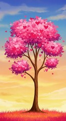 Whimsical Illustration of Tree with Heart-Shaped Leaves and Colorful Sky