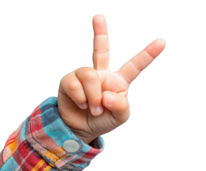 Child showing peace sign with colorful plaid shirt isolated on transparent background