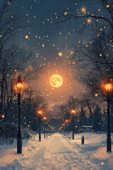 Snow covered pathway illuminated by moonlight and lampposts