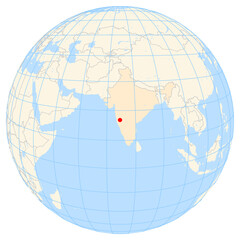 Map showing the location of the city Sangli in India (Southern Asia) on the earth globe.