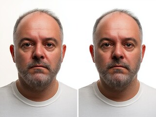 A side-by-side comparison of a male scalp with extensive hair loss and impressive regrowth, presented on a clean white background for medical demonstration