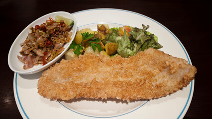 Crispy breaded fish fillet served with sautéed chili onions roasted potatoes fresh green salad and parsley garnish on a white plate creating a vibrant and appetizing dish presentation.