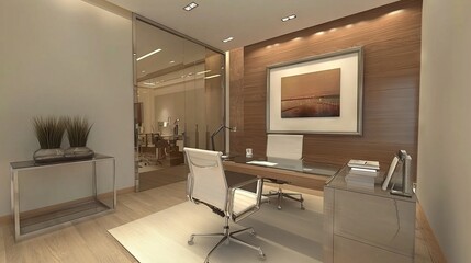 A 3D rendering of a blank glass nameplate design mockup positioned on a contemporary office wall close to the entrance. This stylish signage panel template serves for door numbering and branding