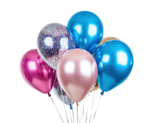 Colorful balloons in various shapes and sizes ready for a festive celebration or party decor isolated on transparent background