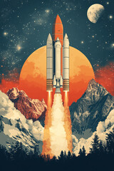 Naklejka premium Spacecraft Ascending Through Majestic Mountain Range