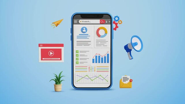 CRM, data management system, KPI, business report and statistics, automated database, sales, operation and marketing concept. 3D mobile with business data dashboard analysis. 4K 3D animation