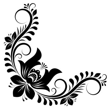 recommend clip art: black and white corner ornament with flower, leaves and swirls on white isolated background, floral design element, decorative silhouette for tattoo, stencil