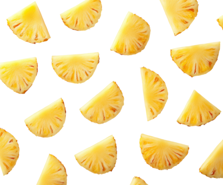 Fresh pineapple slices arranged in a playful pattern isolated on transparent background